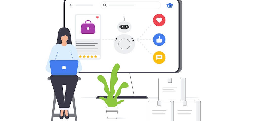 Illustration of a marketer using a laptop with generative AI search results on screen, symbolizing Generative Engine Optimization (GEO) for ecommerce and digital visibility.