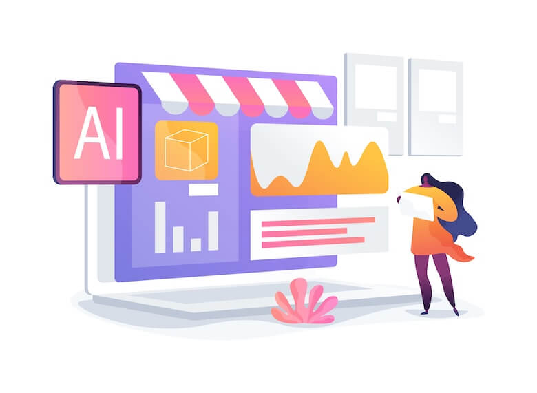 Flat vector illustration of a marketer analyzing ad performance on a large digital screen with charts, graphs, and an AI label, symbolizing AI ads, conversion optimization, A/B testing, and AI-powered ad copy creation from an AI-first digital marketing agency.