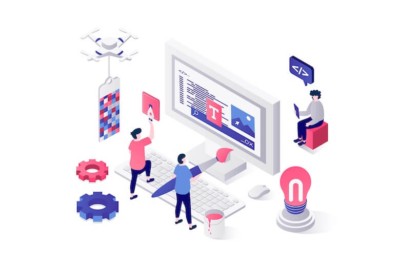 Vector illustration of marketers creating digital content on a large screen with text blocks, graphics, and workflow icons, symbolizing performance content marketing, blog creation, SEO writing, and AI-assisted content strategy from an AI-first digital marketing agency.
