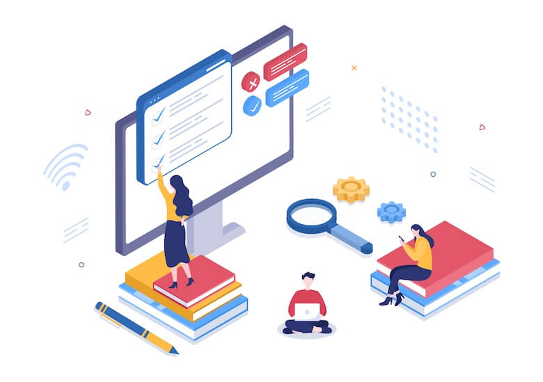 Flat vector illustration of marketers optimizing search performance with checklist screen, magnifying glass, and digital tools, representing SEO audits, keyword research, link building, and AI-powered SEO copywriting from an AI-first digital marketing agency.